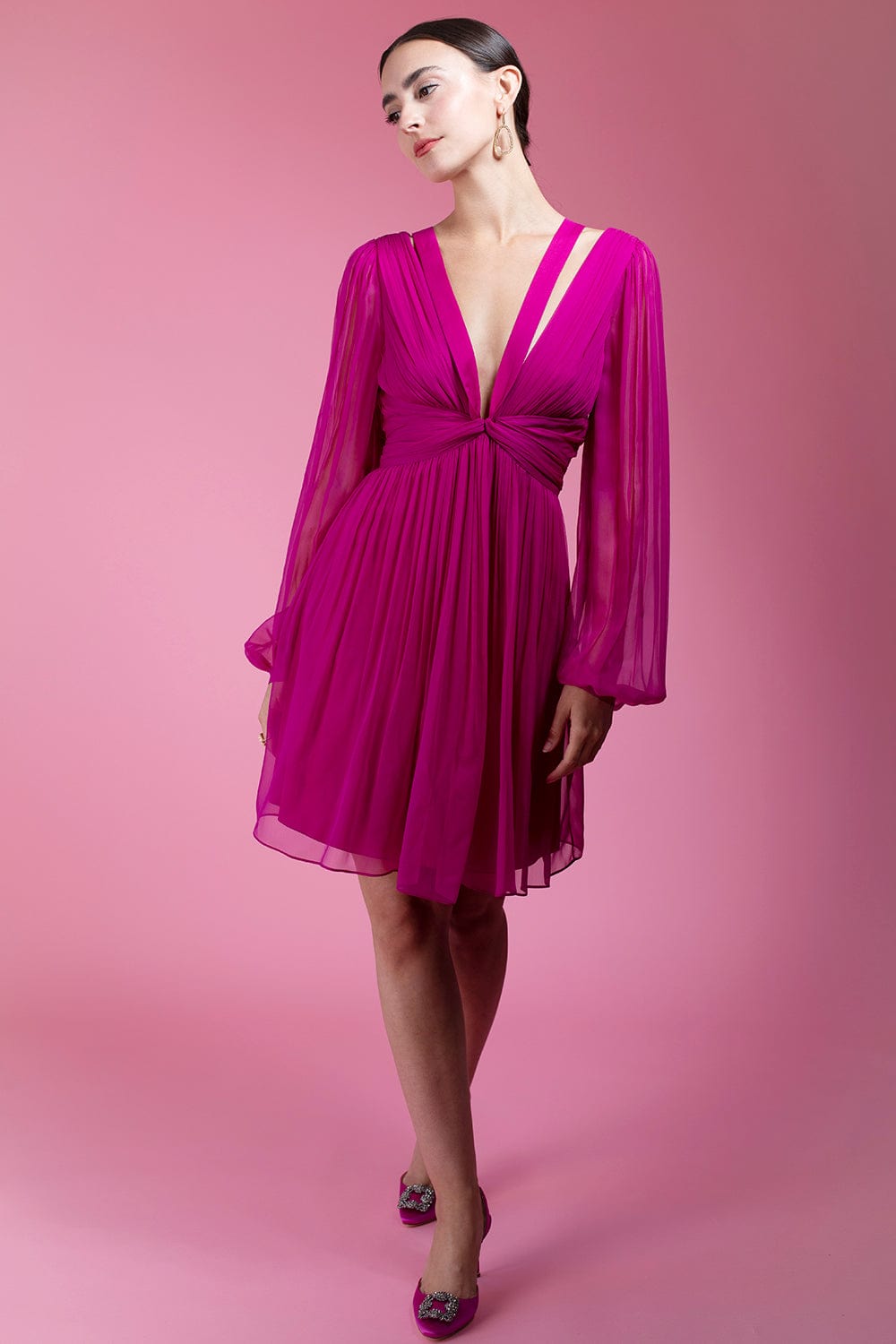ALBERTA FERRETTI-Long Sleeve Chiffon Short Dress - Violet-
