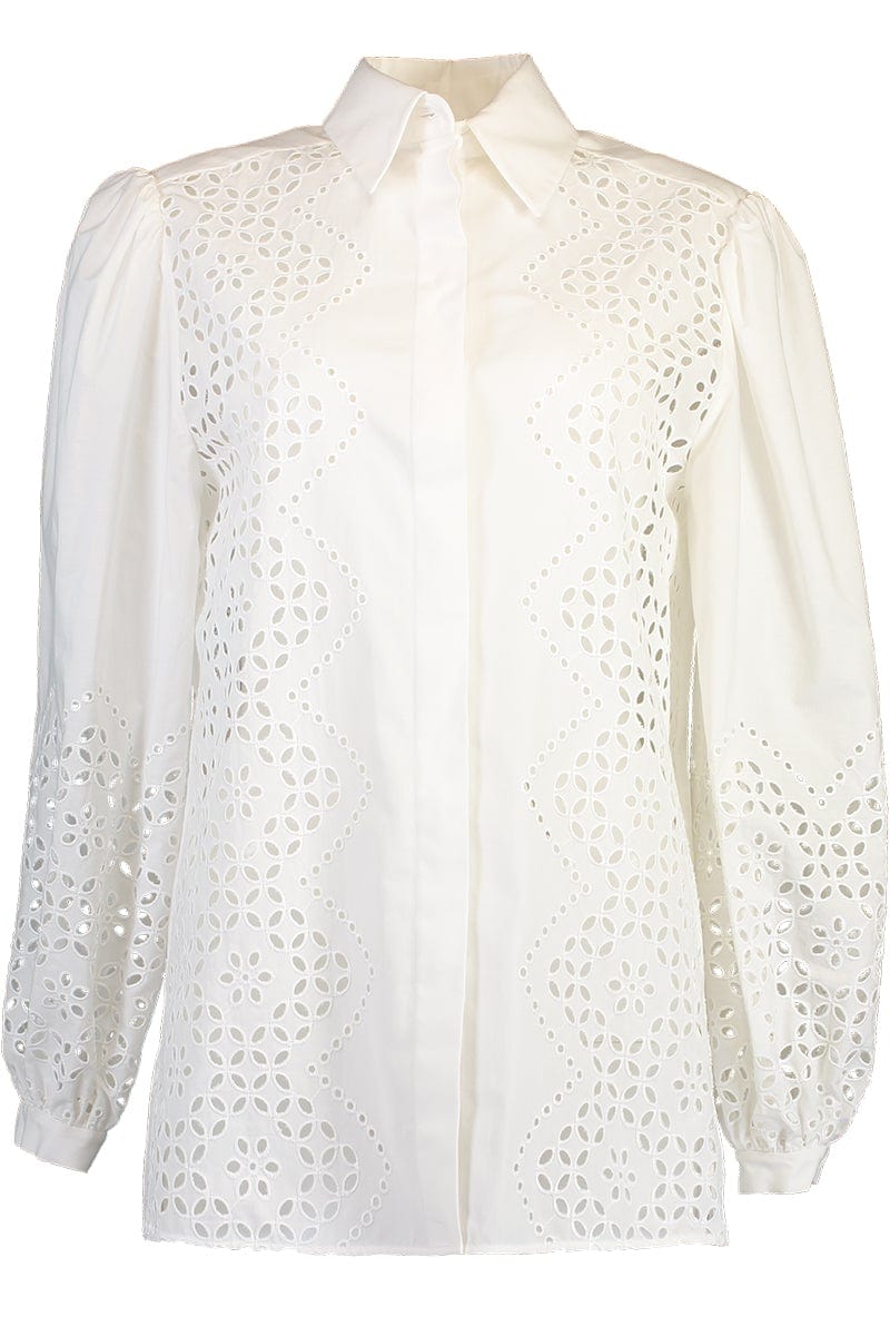 ALBERTA FERRETTI-Long Sleeve Eyelet Blouse - White-