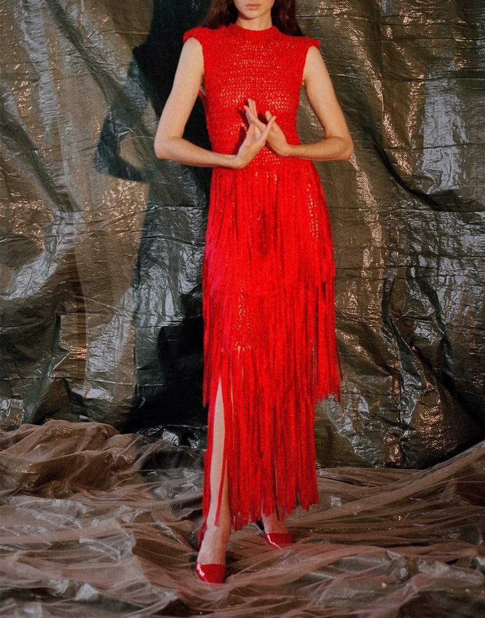 ALEJANDRA ALONSO ROJAS-Fringed Crochet Dress-RED