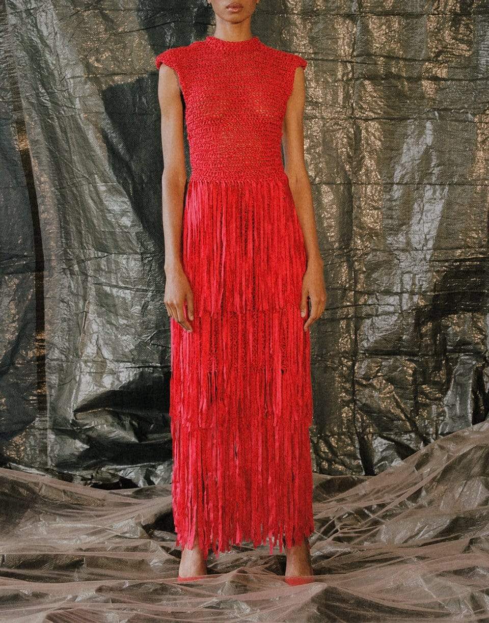 ALEJANDRA ALONSO ROJAS-Fringed Crochet Dress-RED