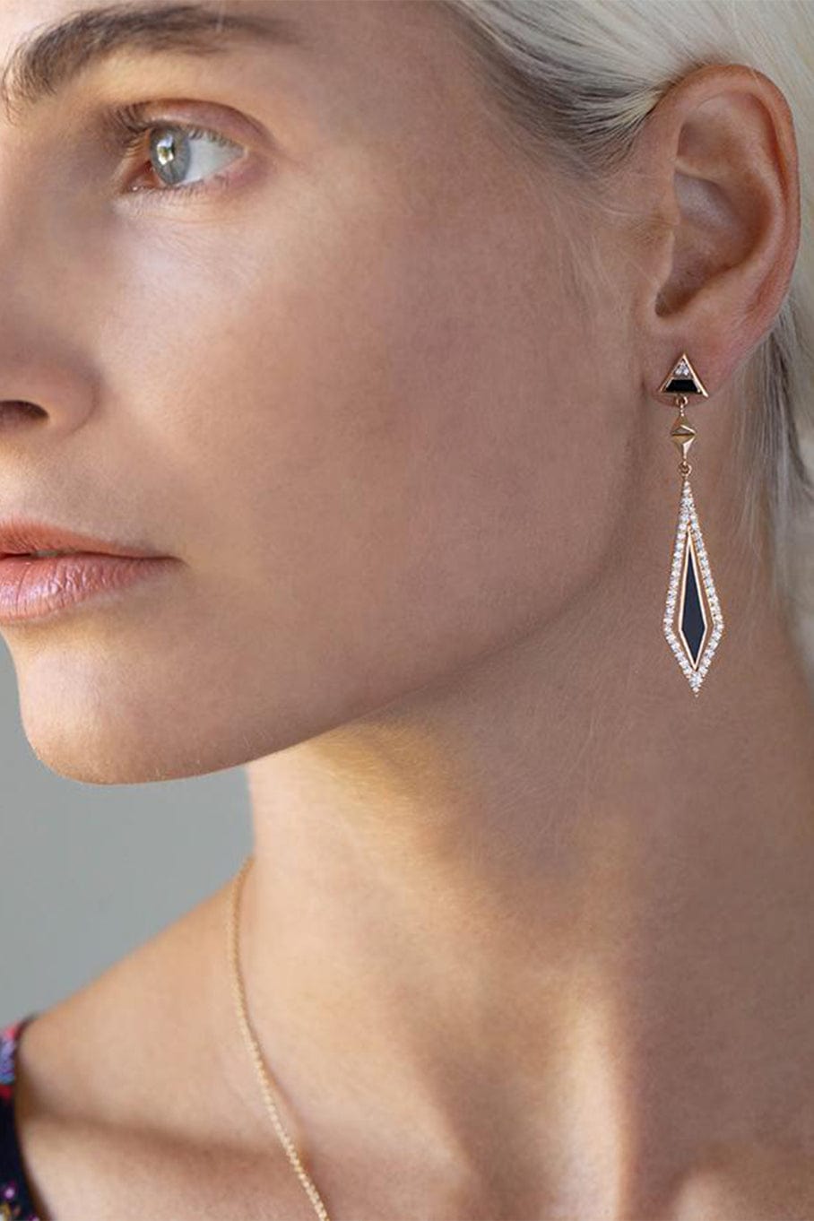 ALESSA JEWELRY-Arrow Black Enamel and Diamond Drop Earrings-ROSE GOLD