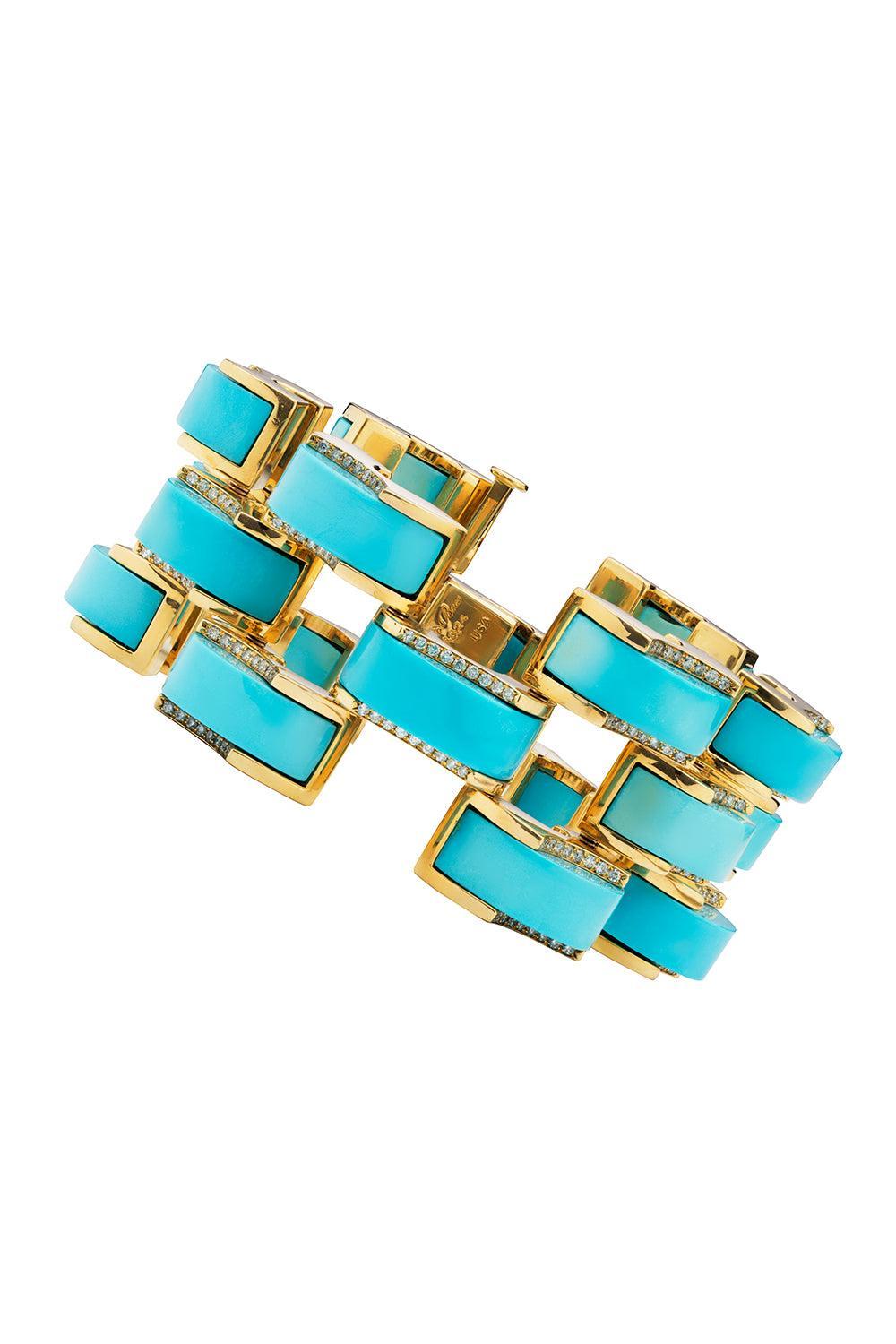 Sleeping Beauty Turquoise Archetti Diamond Edging Bracelet-YELLOW GOLD-JEWELRYFINE JEWELBRACELET O-ALETTO BROS.