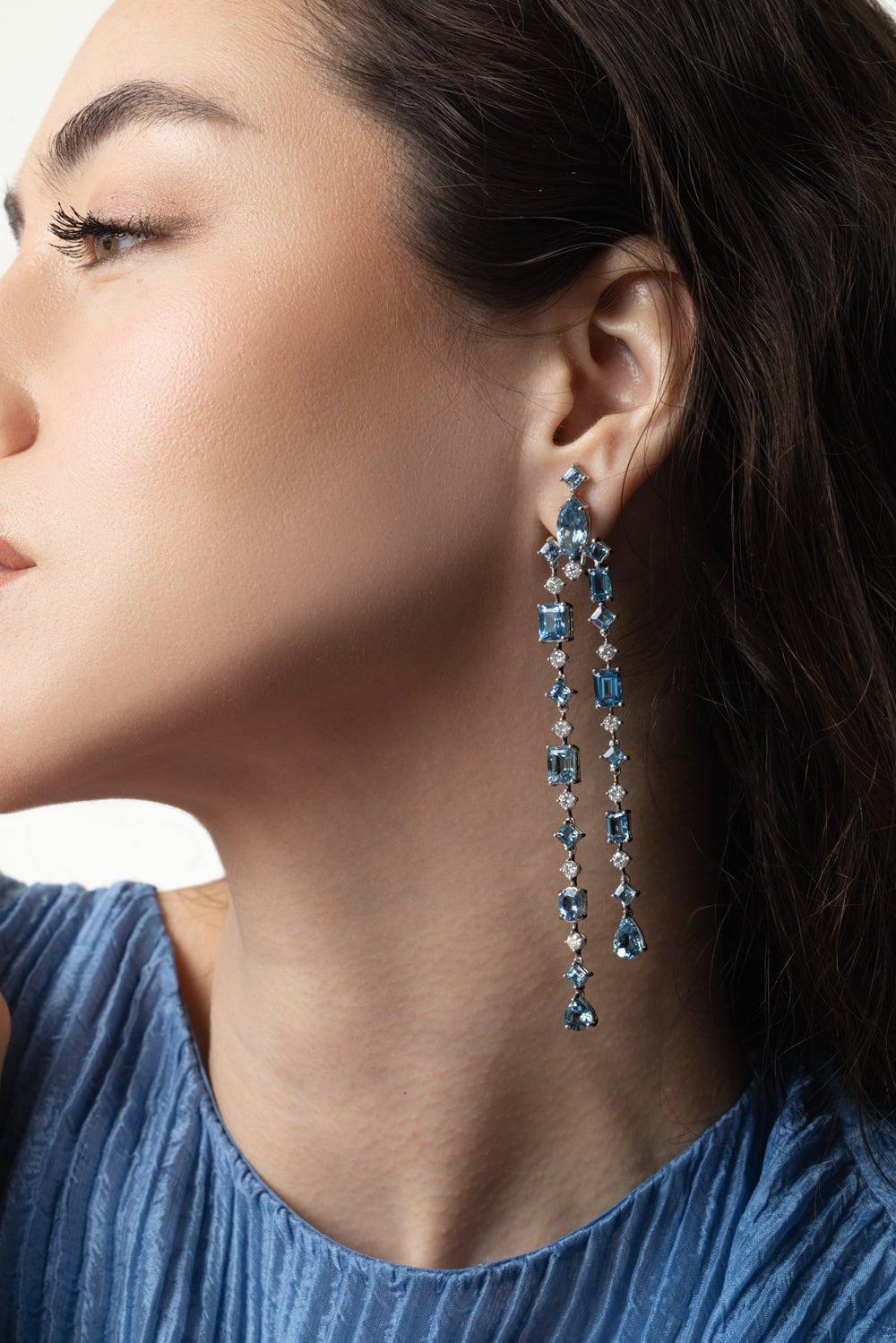 ALEXANDER LAUT-Aquamarine Long Drop Earrings-WHITE GOLD