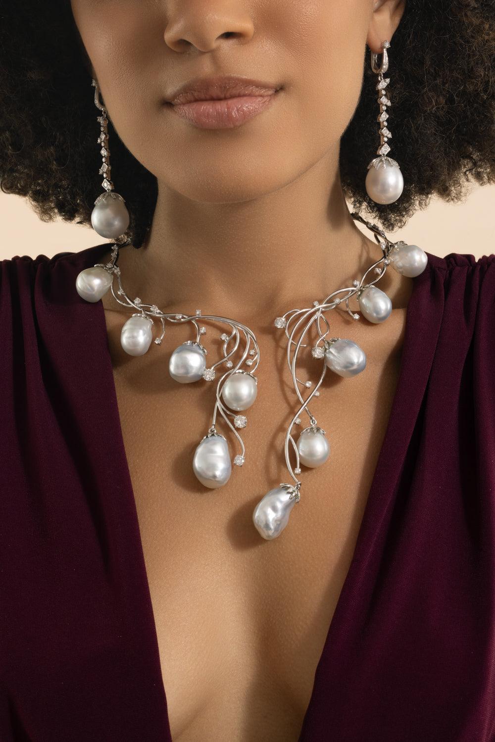 Pearl Diamond Collar Necklace-WHITE GOLD-JEWELRYFINE JEWELNECKLACE O-ALEXANDER LAUT