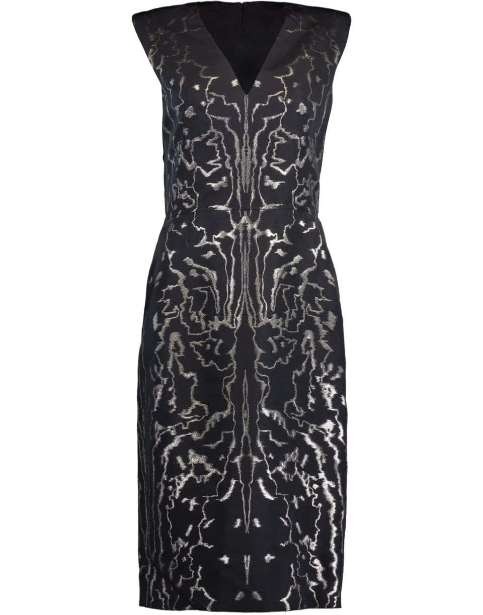 ALEXANDER MCQUEEN-Metallic V-Neck Pencil Dress-BLK/GLD