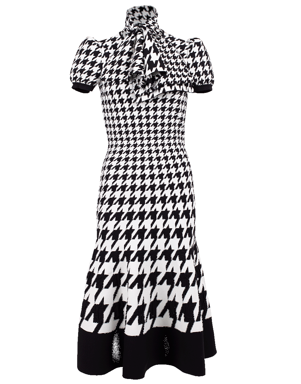 ALEXANDER MCQUEEN-Houndstooth Tie Neck Knit Dress-IVRY/BLK