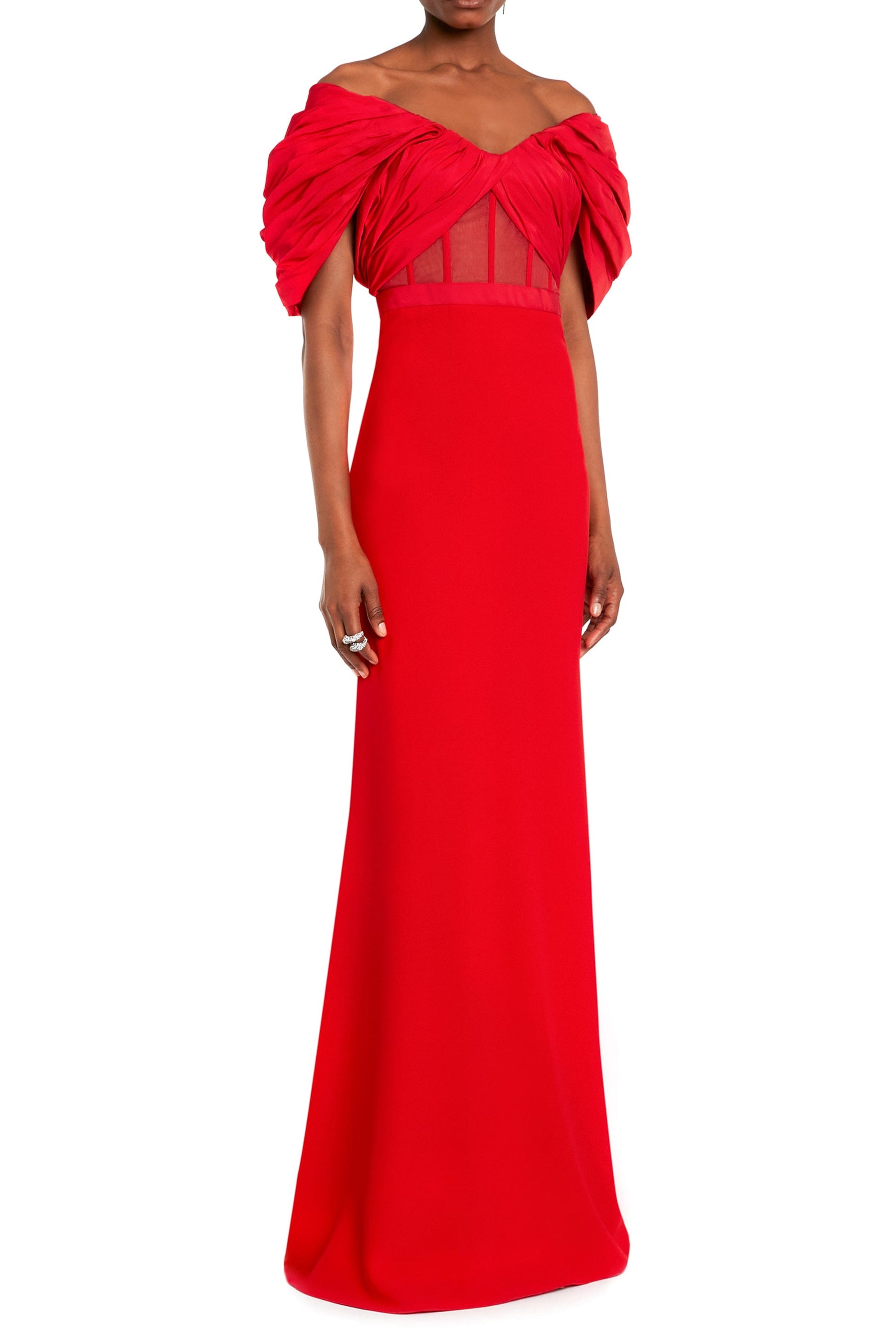 ALEXANDER MCQUEEN-Off Shoulder Draped Long Dress-RED