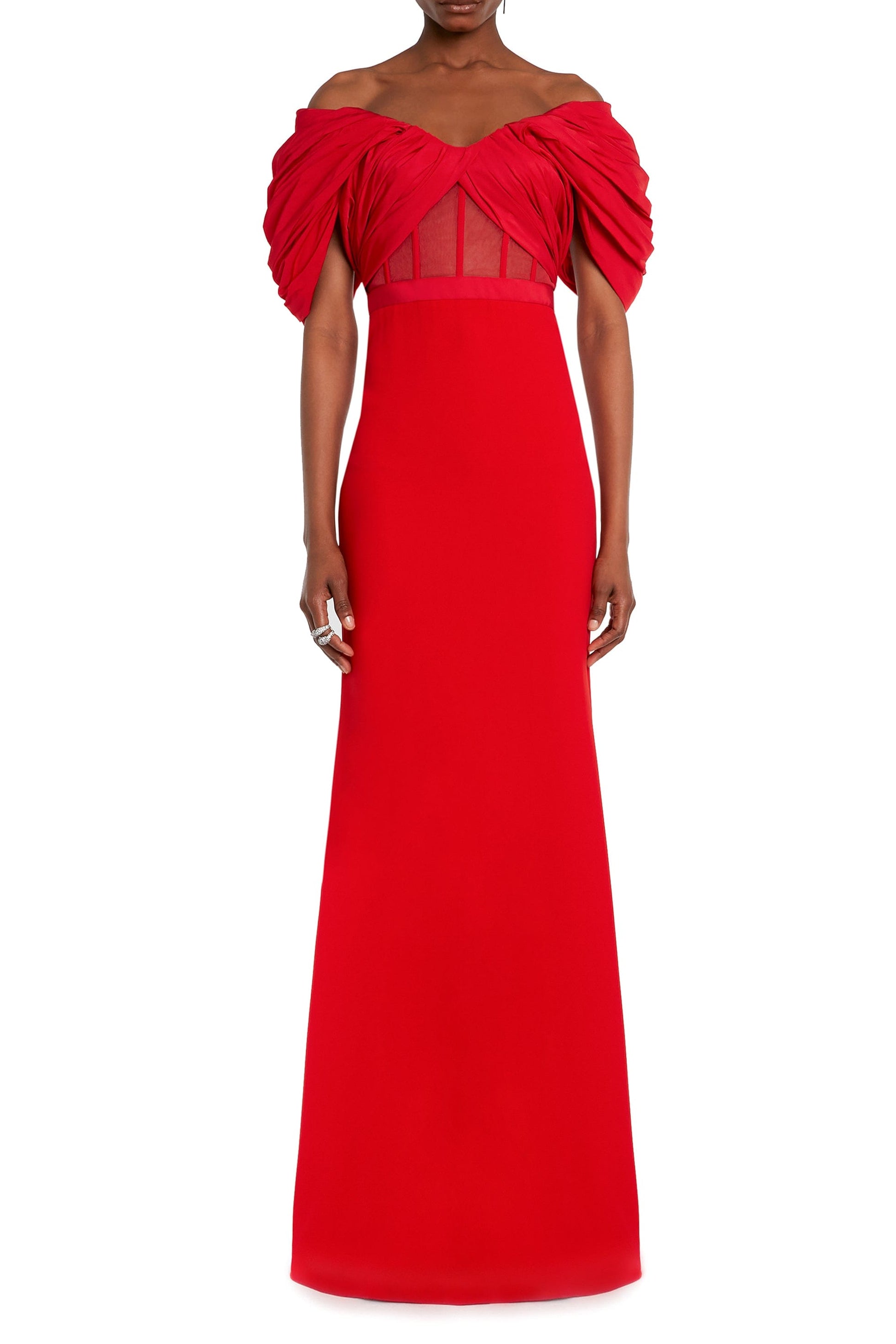 ALEXANDER MCQUEEN-Off Shoulder Draped Long Dress-RED