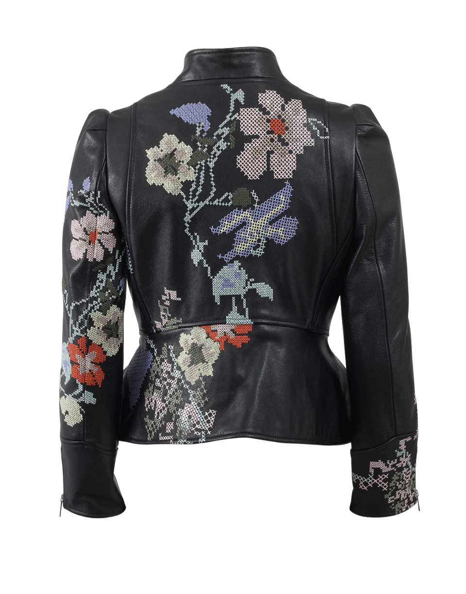 ALEXANDER MCQUEEN-Cross-Stitch Peplum Leather Jacket-