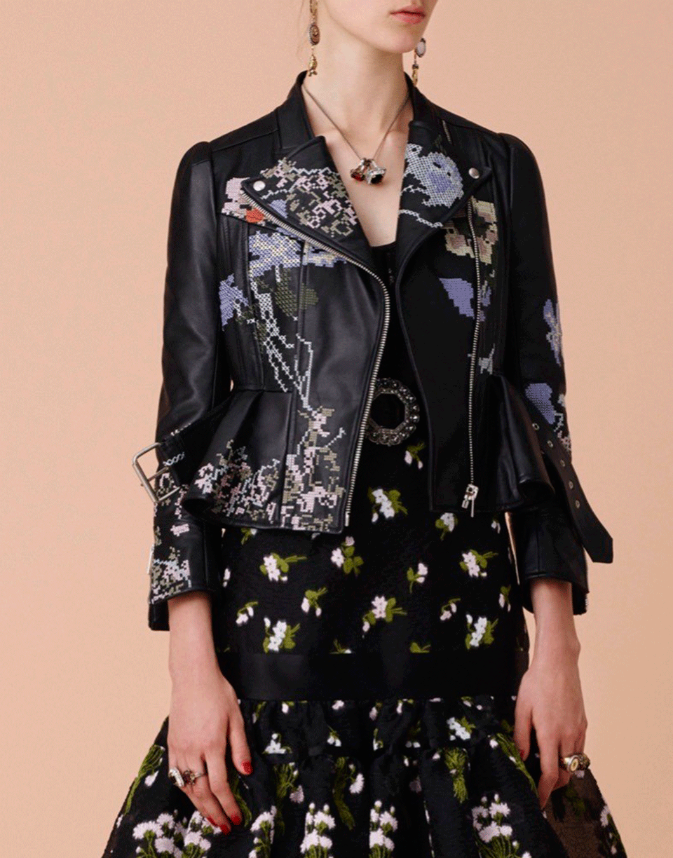 ALEXANDER MCQUEEN-Cross-Stitch Peplum Leather Jacket-