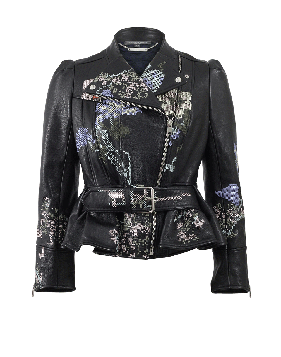ALEXANDER MCQUEEN-Cross-Stitch Peplum Leather Jacket-