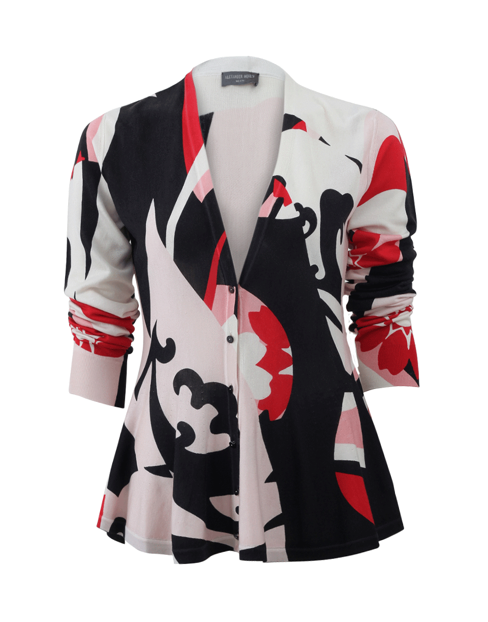 ALEXANDER MCQUEEN-Printed Peplum Cardigan-BLKL/PNK