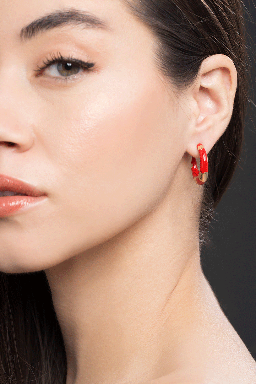 ALISON LOU-Petite Amour Heart Red Hoops-YELLOW GOLD
