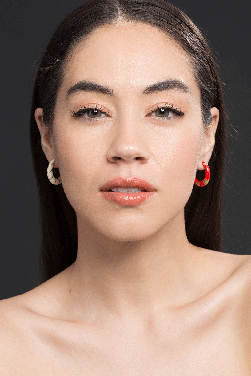 ALISON LOU-Petite Amour Heart Red Hoops-YELLOW GOLD