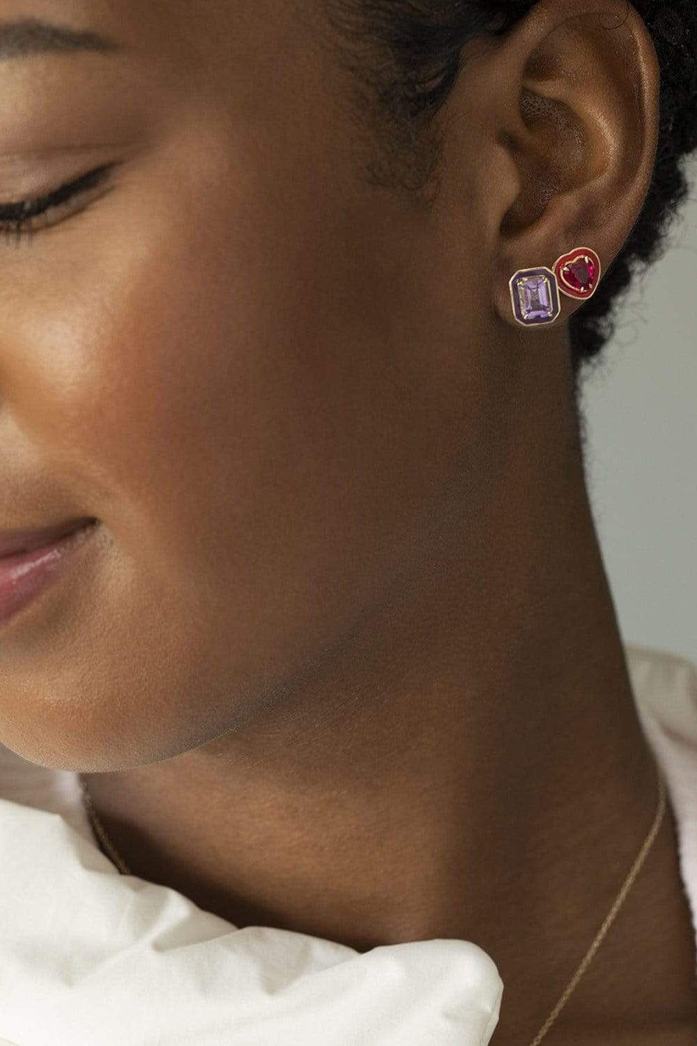 ALISON LOU-Small Ruby Heart Cocktail Studs-YELLOW GOLD