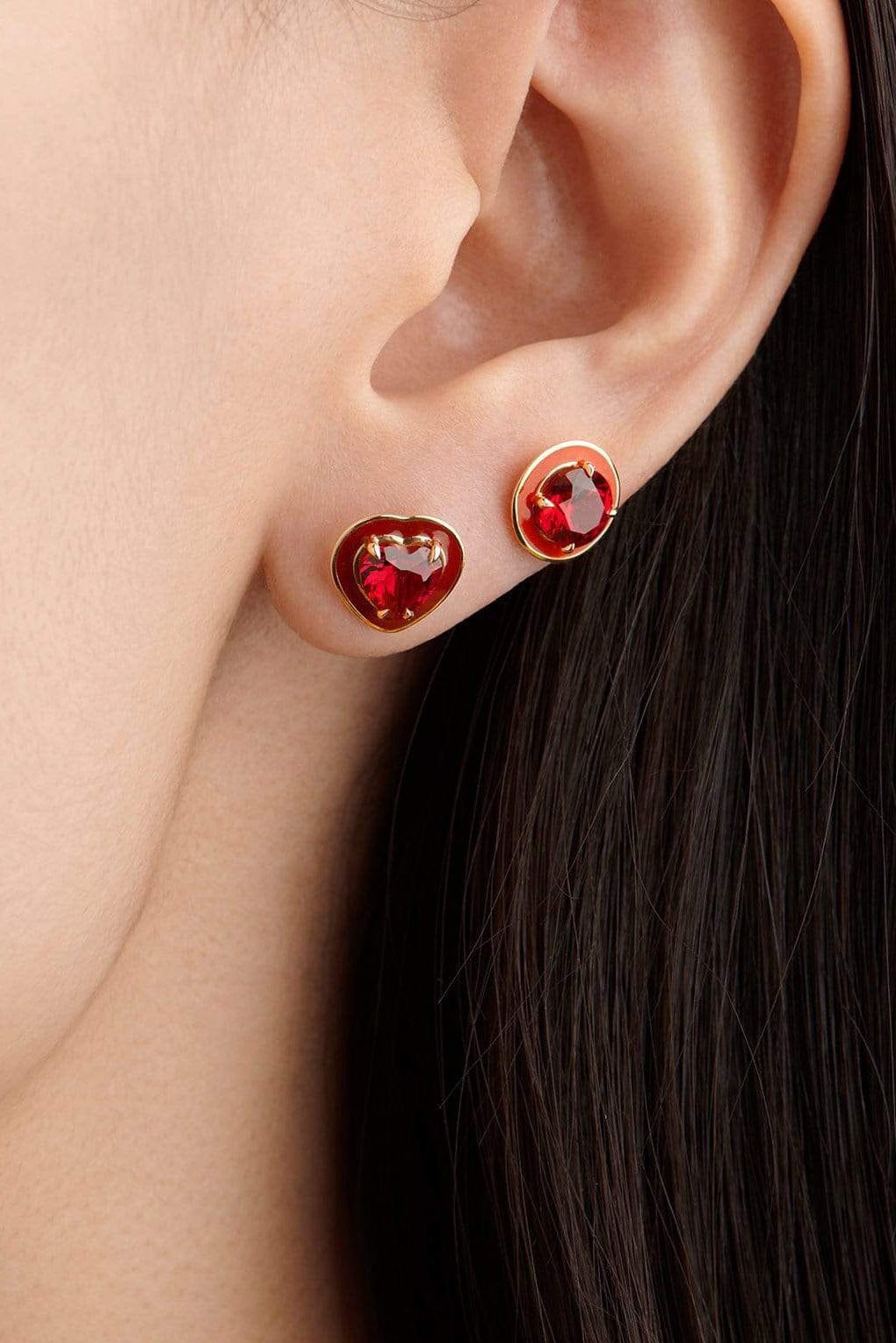 ALISON LOU-Small Ruby Heart Cocktail Studs-YELLOW GOLD