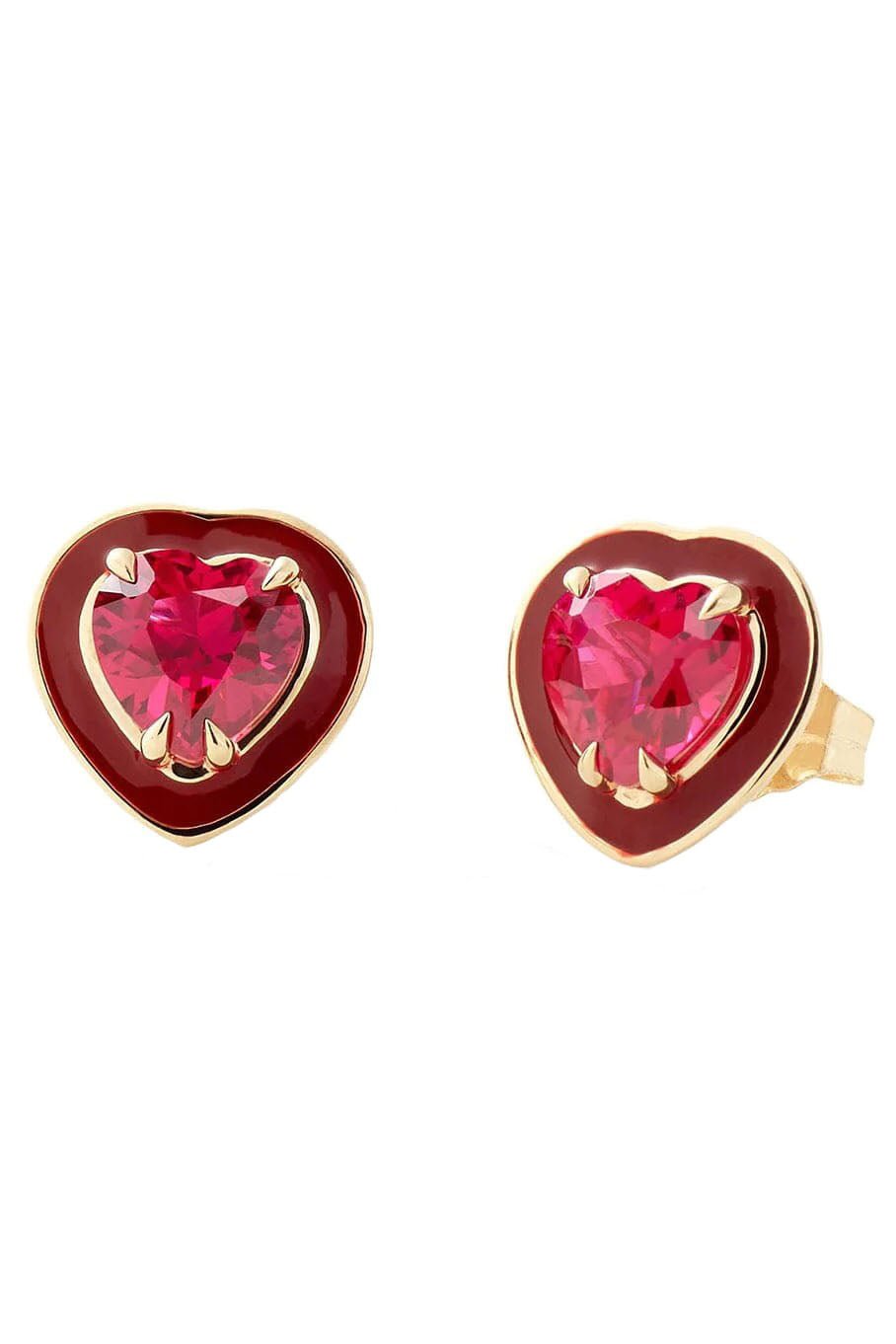 ALISON LOU-Small Ruby Heart Cocktail Studs-YELLOW GOLD
