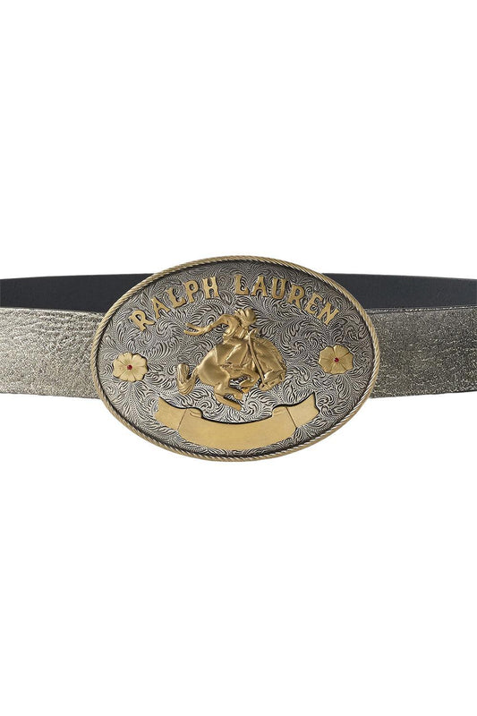 Rodeo-Buckle Metallic Vachetta Wide Belt