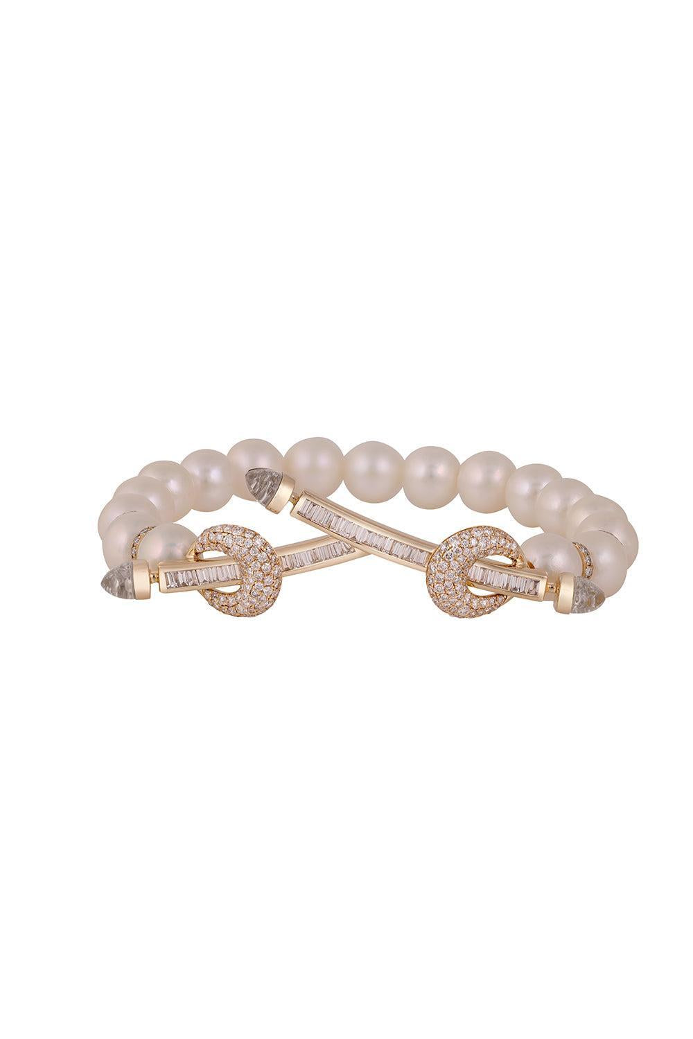 Pearl Diamond Double Bar Chakra Bracelet-YELLOW GOLD-JEWELRYFINE JEWELBRACELET O-ANANYA