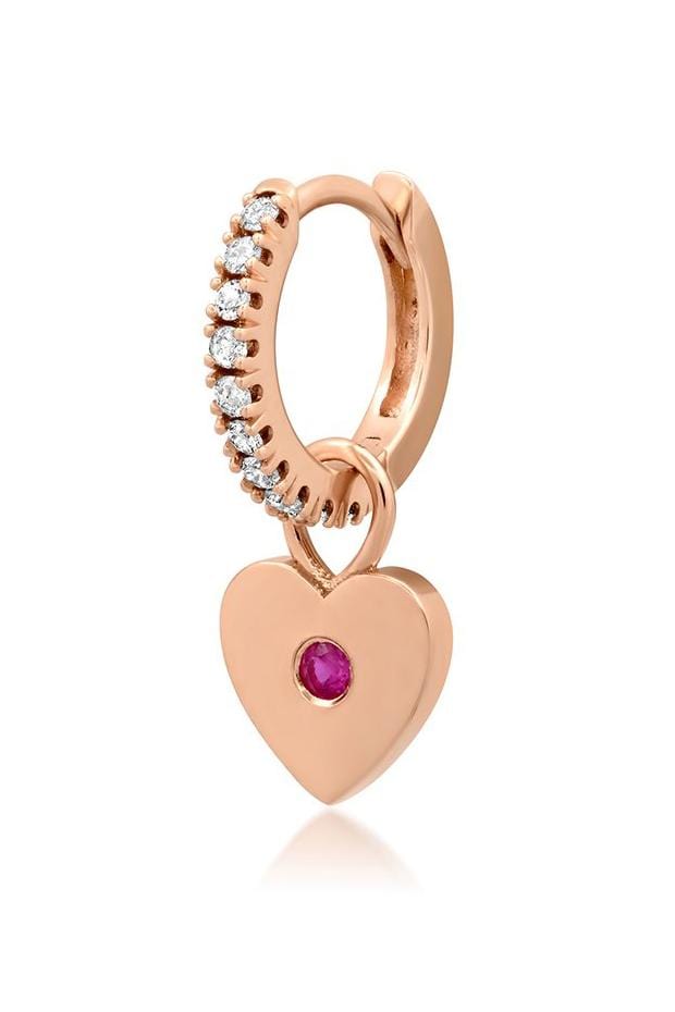 ANDREA FOHRMAN-White Diamond Ruby Heart Huggie-ROSE GOLD