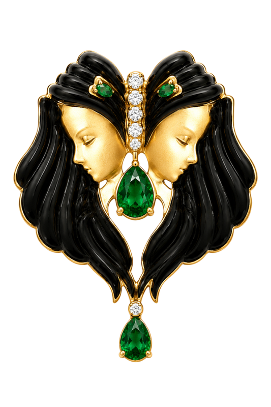 Onyx Emerald Diamond Twin Brooch-YELLOW GOLD-JEWELRYFINE JEWELMISC-ANDREA MATOS LOPES