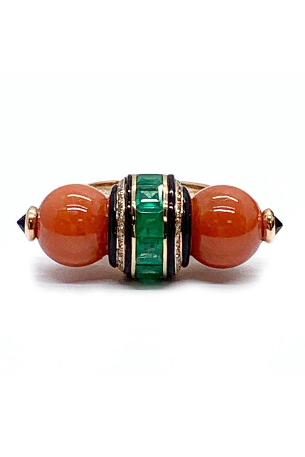 Diamond Emerald Coral Black Onyx Ring-ROSE GOLD-JEWELRYFINE JEWELRING-ANDREOLI