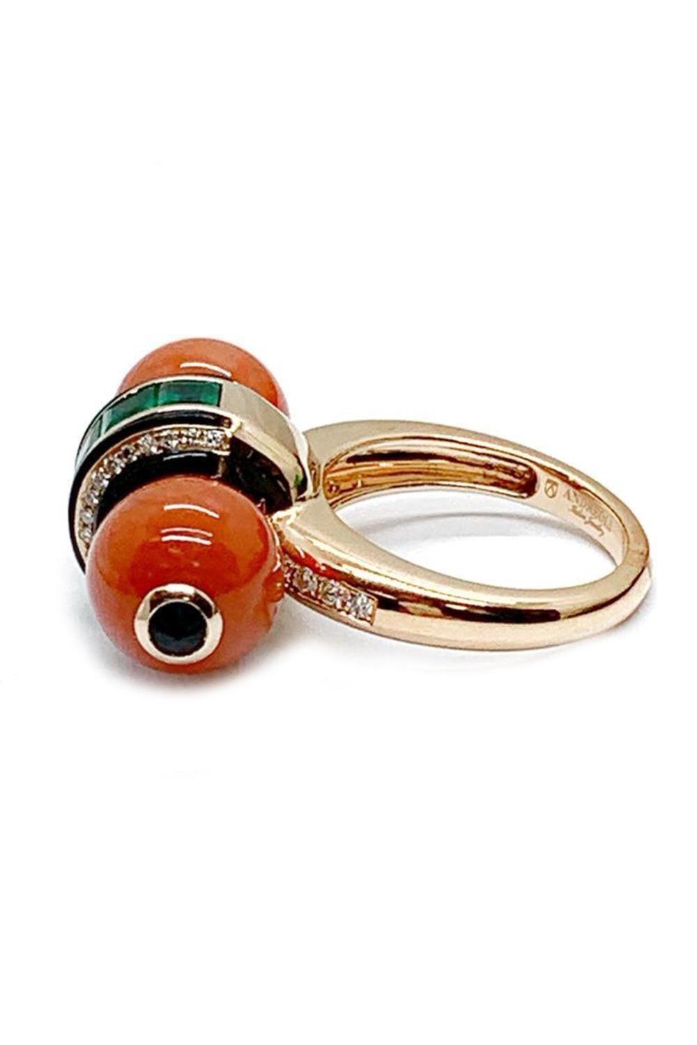 Diamond Emerald Coral Black Onyx Ring-ROSE GOLD-JEWELRYFINE JEWELRING-ANDREOLI