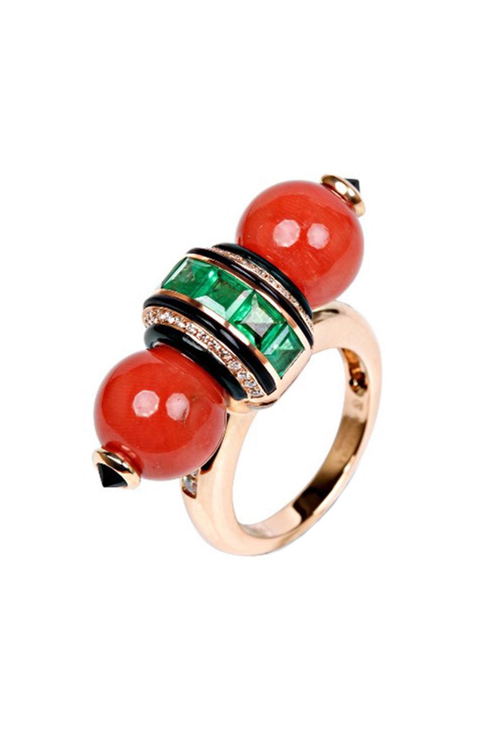 Diamond Emerald Coral Black Onyx Ring-ROSE GOLD-JEWELRYFINE JEWELRING-ANDREOLI