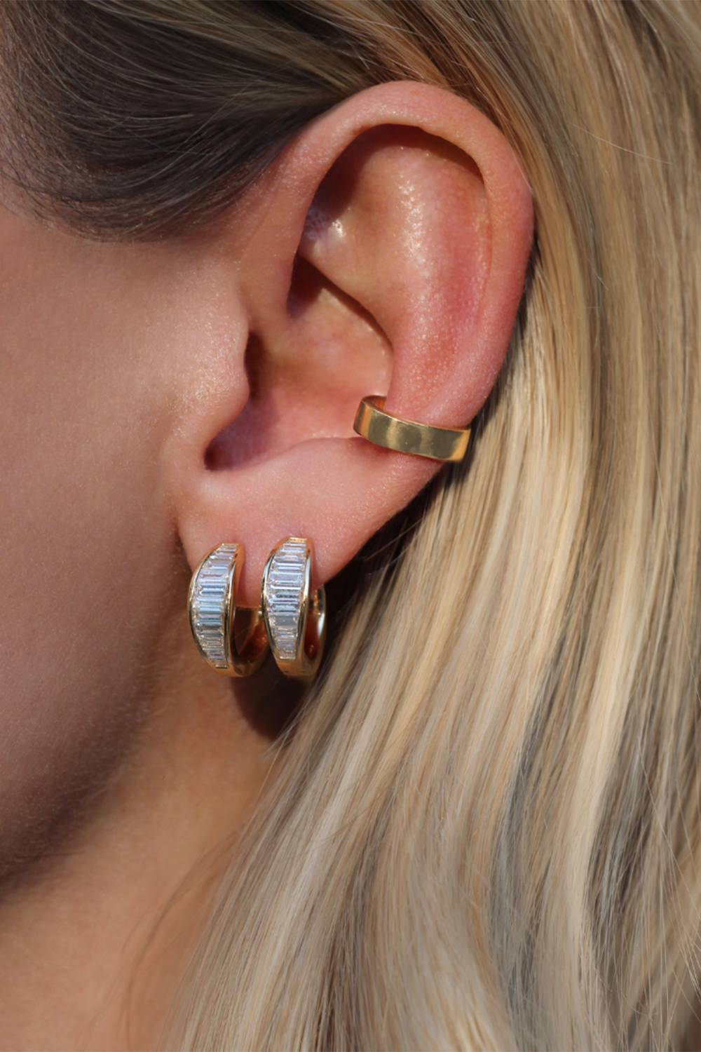 Diamond Baguette Huggie Earrings-YELLOW GOLD-JEWELRYFINE JEWELEARRING-ANITA KO