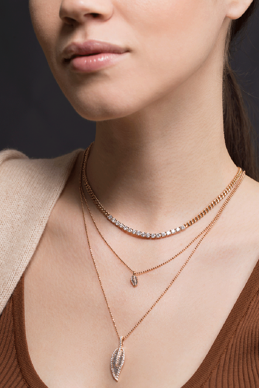 ANITA KO-Rose Gold Small Palm Leaf Diamond Necklace-ROSE GOLD