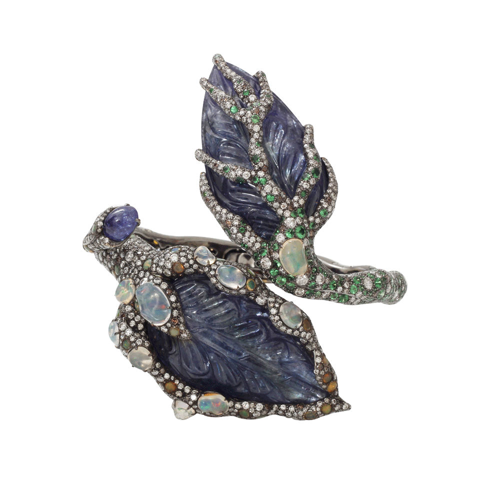 ARUNASHI-Carved Tanzanite Leaf Bangle-BLACK GOLD