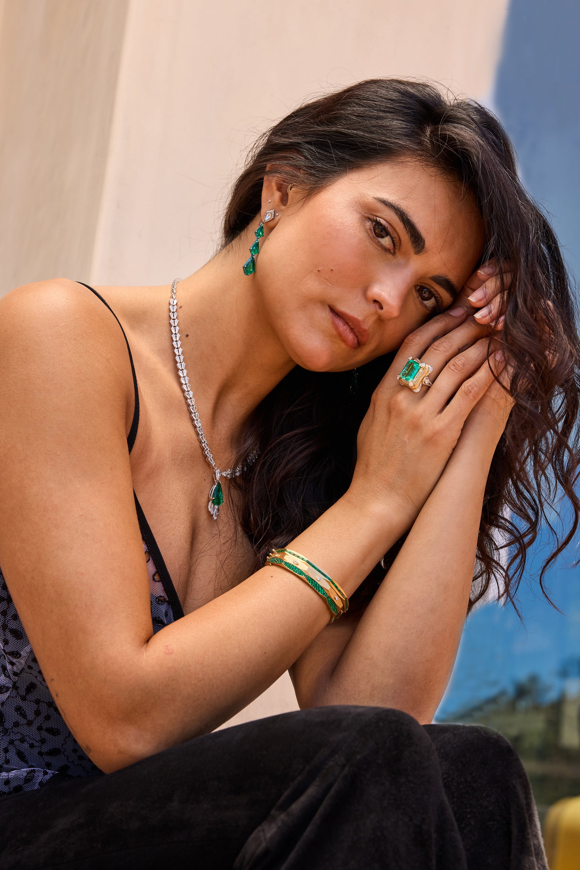 Emerald Micro Pave Enigma Bangle Bracelet-YELLOW GOLD-JEWELRYFINE JEWELBRACELET O-ARUNASHI