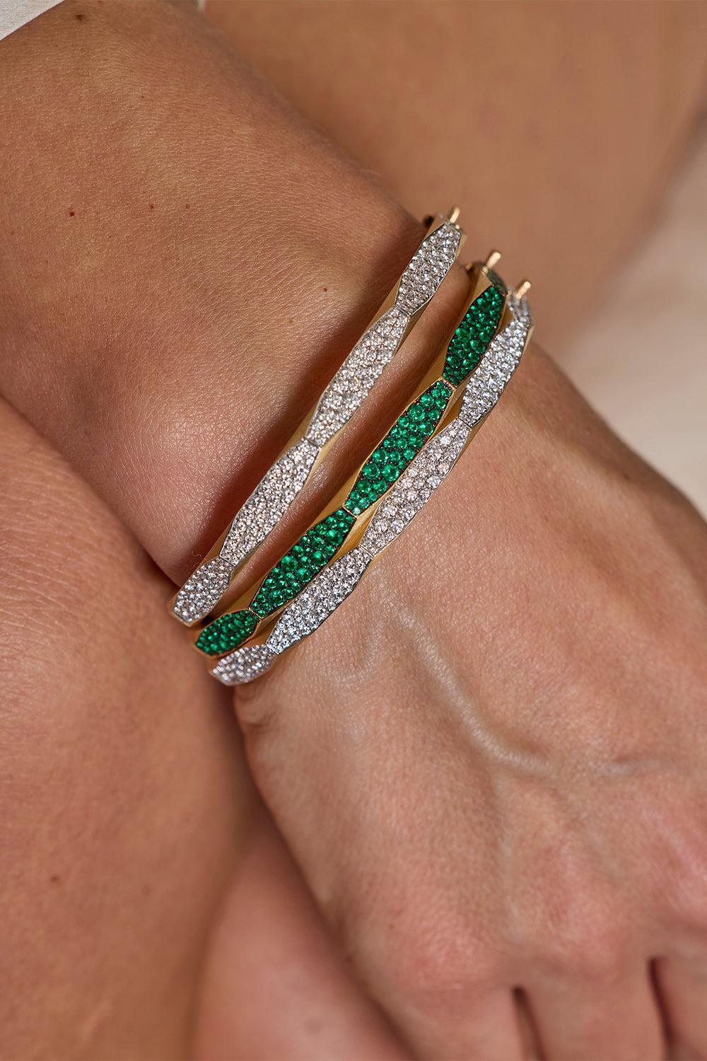 Emerald Micro Pave Enigma Bangle Bracelet - Yellow Gold-YELLOW GOLD-JEWELRYFINE JEWELBRACELET O-ARUNASHI