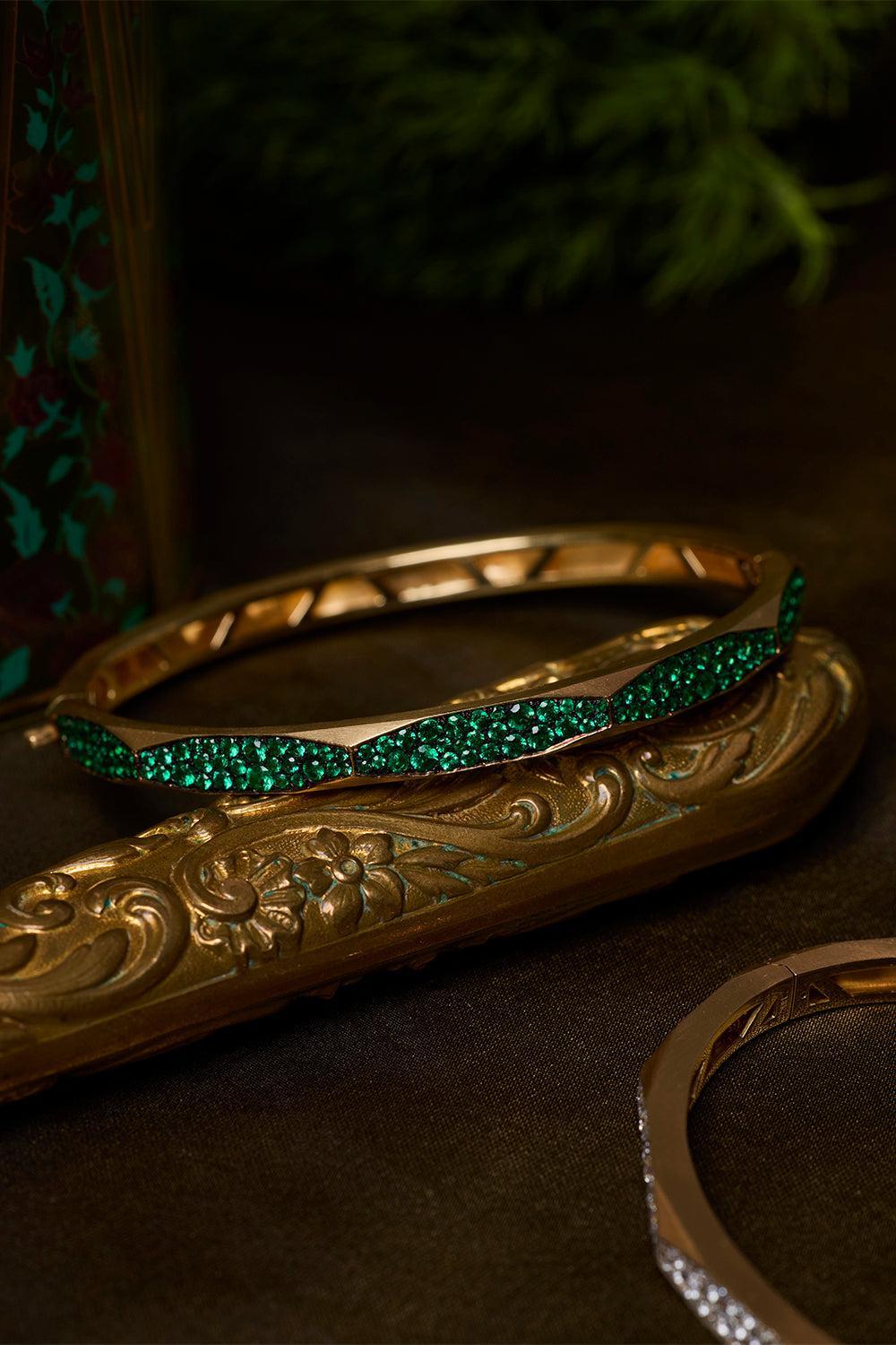 Emerald Micro Pave Enigma Bangle Bracelet - Yellow Gold-YELLOW GOLD-JEWELRYFINE JEWELBRACELET O-ARUNASHI