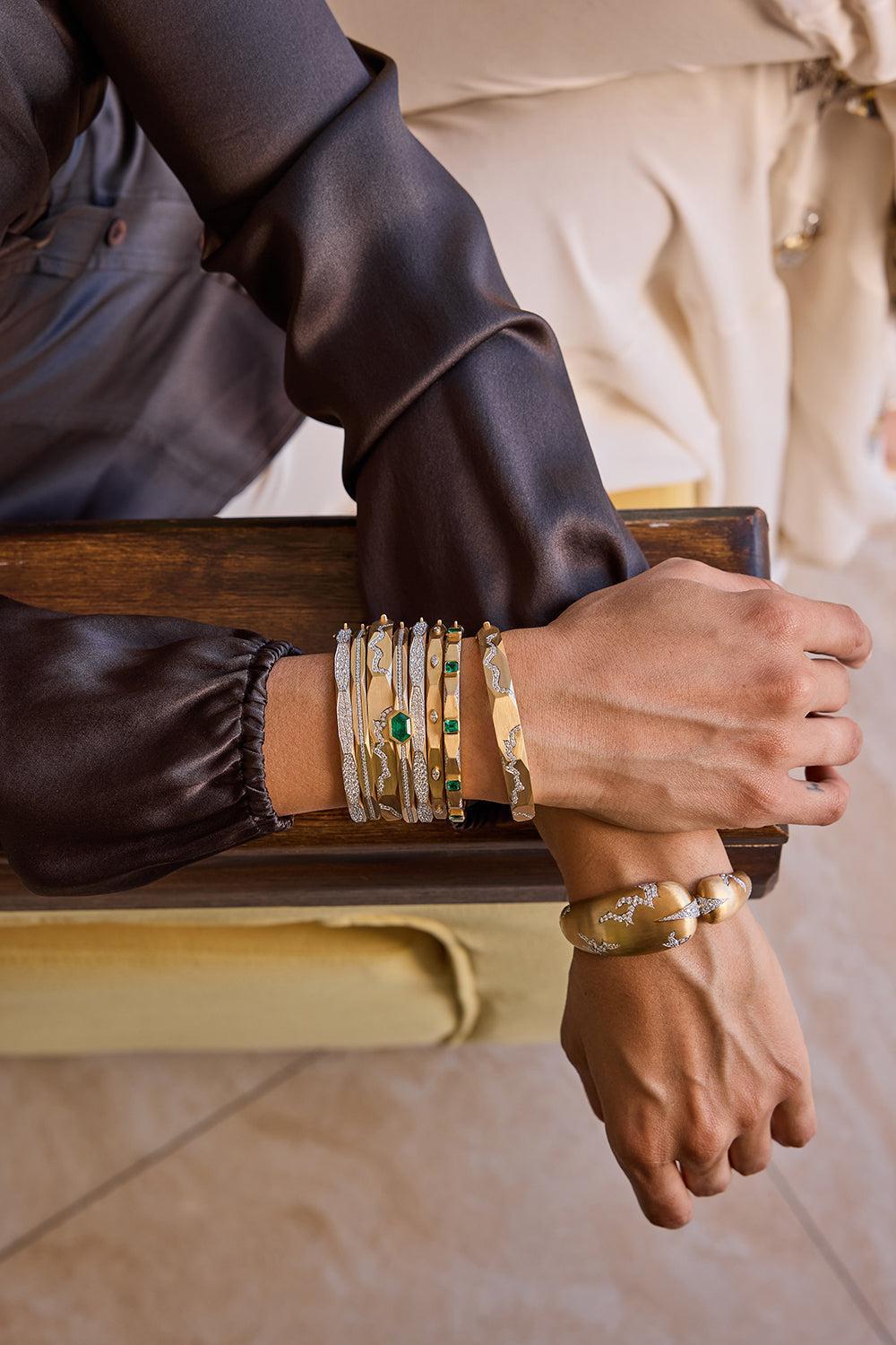 Emerald Octagon Enigma Bangle Bracelet-YELLOW GOLD-JEWELRYFINE JEWELBRACELET O-ARUNASHI