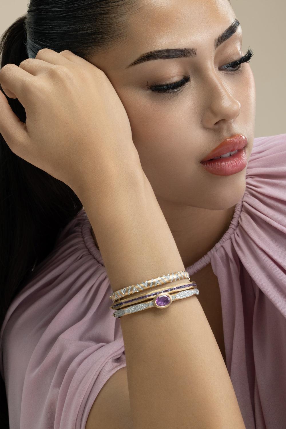 Pink Sapphire Enigma Single Bangle Bracelet-YELLOW GOLD-JEWELRYFINE JEWELBRACELET O-ARUNASHI