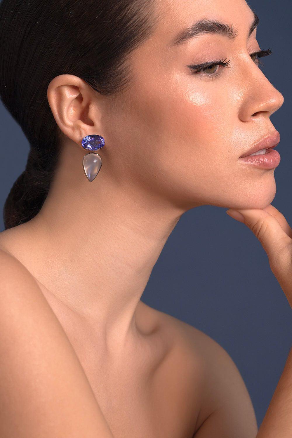 ARUNASHI-Blue Moonstone Tanzanite Earrings-BLACK GOLD