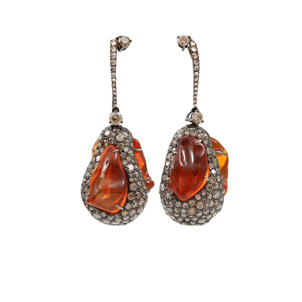 ARUNASHI-Fire Opal And Diamond Egg Drop Earrings-BLACK GOLD