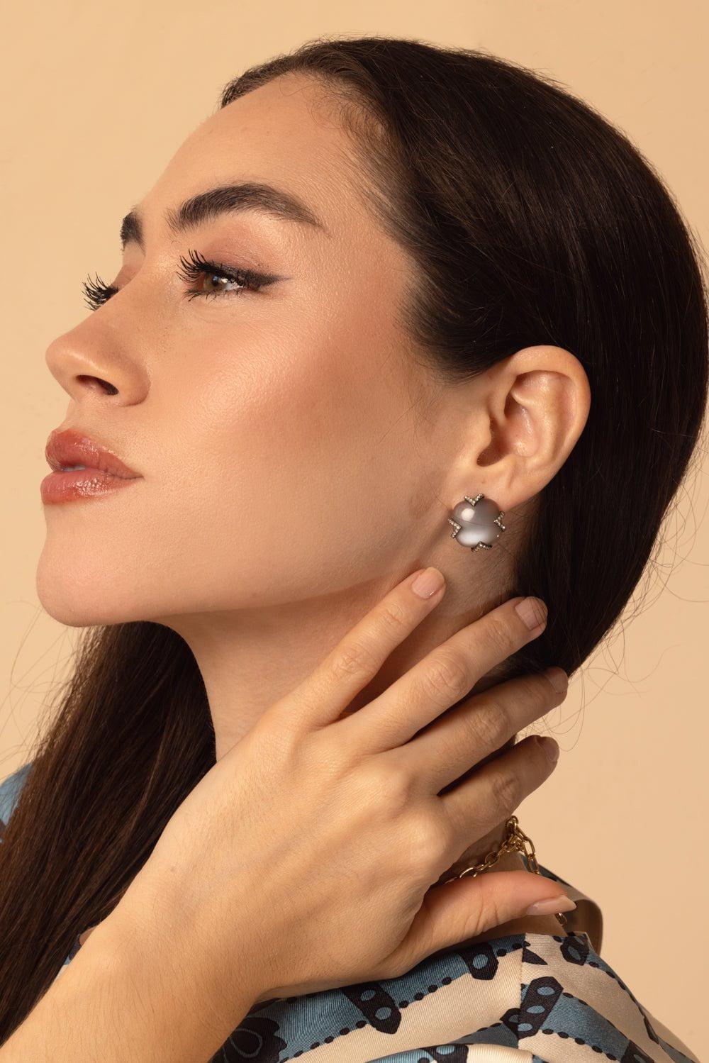 ARUNASHI-Grey Moonstone and Diamond Earrings-BLACK GOLD