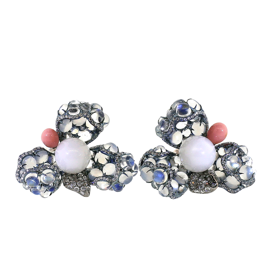 ARUNASHI-Clam Pearl And Blue Moonstone Flower Earrings-TITANIUM