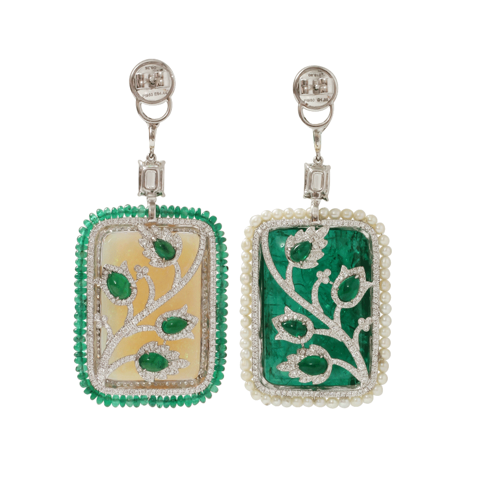 ARUNASHI-Carved Emerald And Opal Earrings-WHITE GOLD