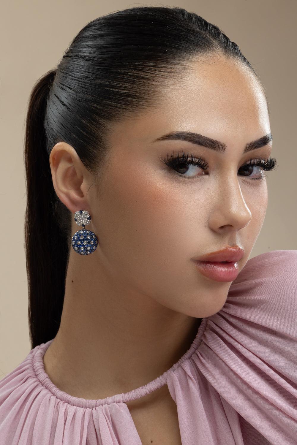 Diamond Sapphire Drop Ball Earrings-WHITE GOLD-JEWELRYFINE JEWELEARRING-ARUNASHI