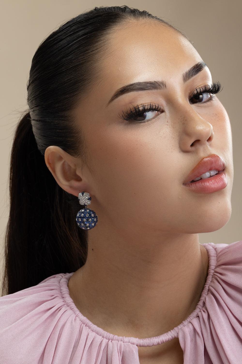 Diamond Sapphire Drop Ball Earrings-WHITE GOLD-JEWELRYFINE JEWELEARRING-ARUNASHI