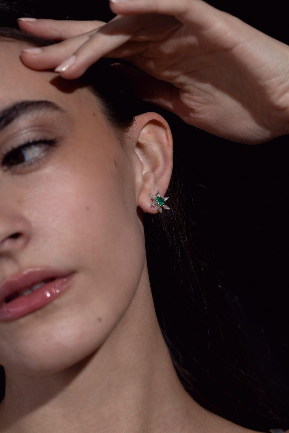 ARUNASHI-Hexagon Emerald Diamond Kite Earrings-WHITE GOLD