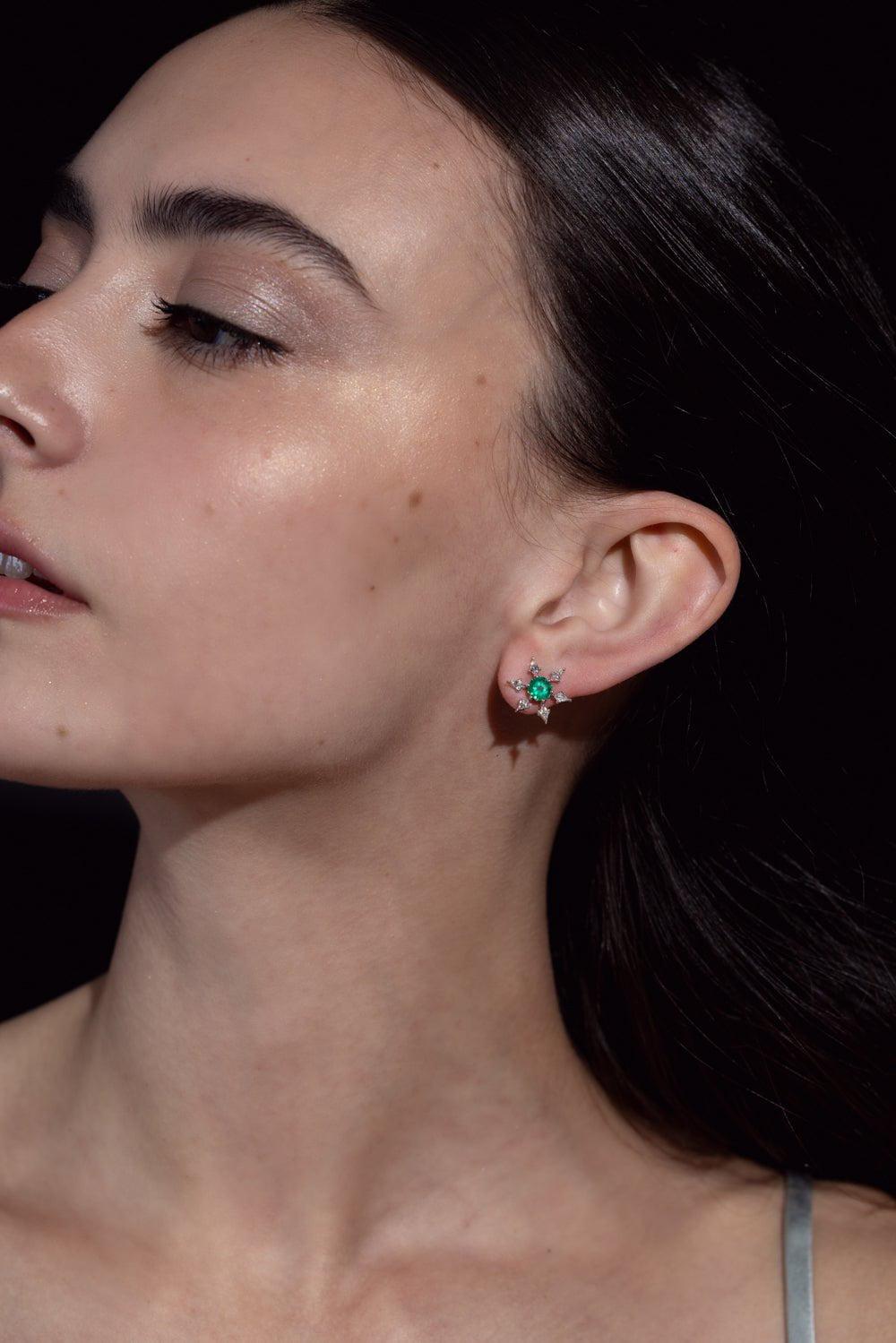 ARUNASHI-Hexagon Emerald Diamond Kite Earrings-WHITE GOLD