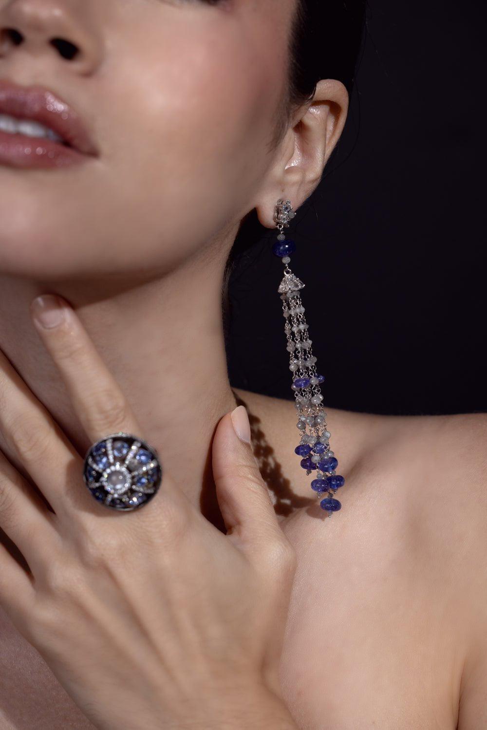 ARUNASHI-Tanzanite Bead Tassel Earrings-WHITE GOLD