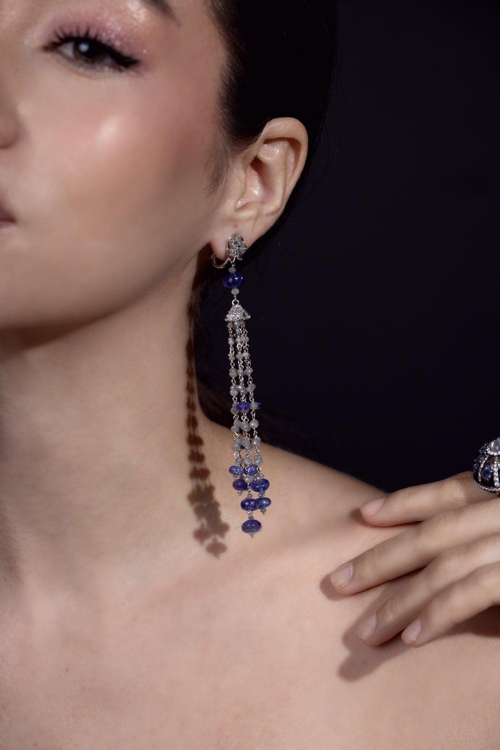 ARUNASHI-Tanzanite Bead Tassel Earrings-WHITE GOLD