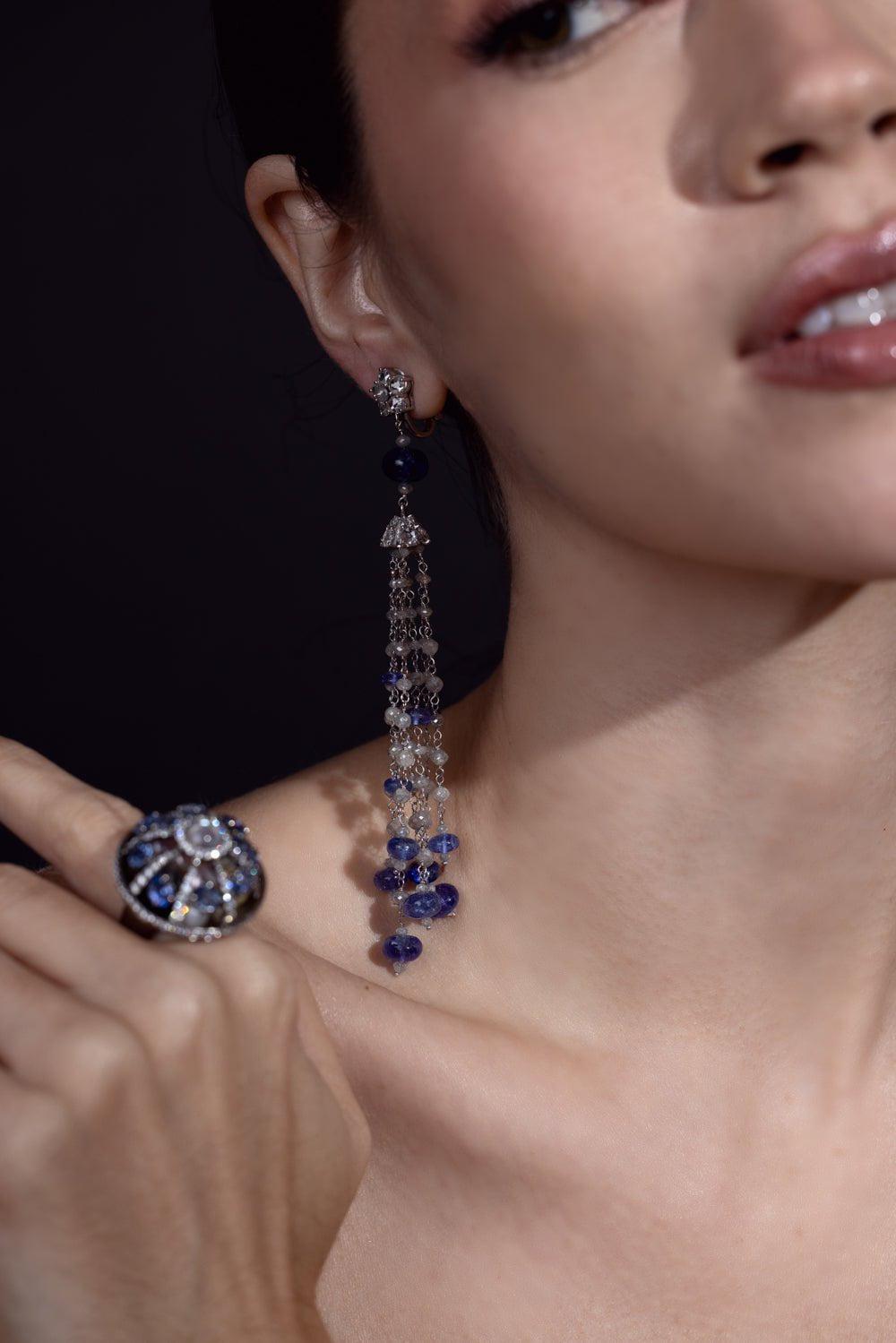 ARUNASHI-Tanzanite Bead Tassel Earrings-WHITE GOLD