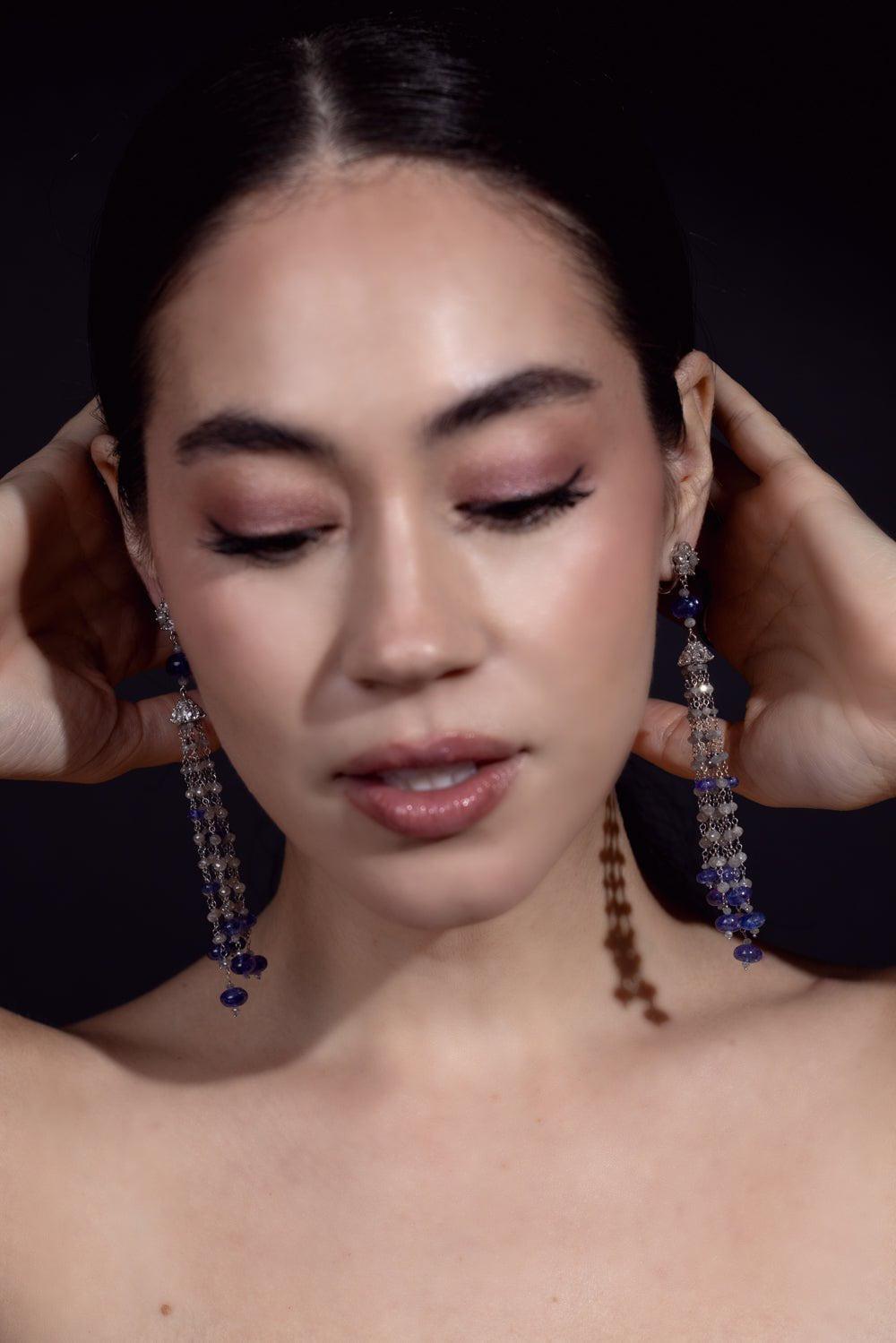 ARUNASHI-Tanzanite Bead Tassel Earrings-WHITE GOLD