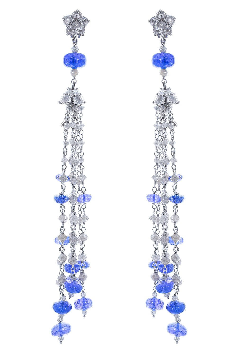 ARUNASHI-Tanzanite Bead Tassel Earrings-WHITE GOLD